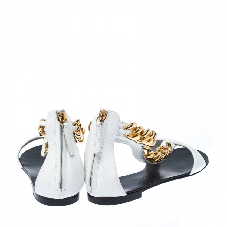 Pre Owned Giuseppe Zanotti White Leather Chain Link Flat Sandals Size 40