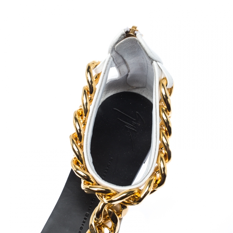 Pre Owned Giuseppe Zanotti White Leather Chain Link Flat Sandals Size 40