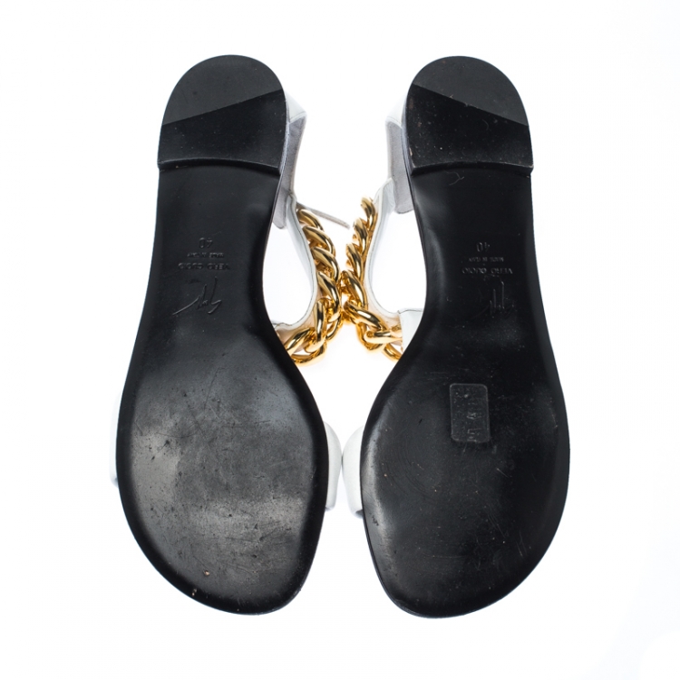 Pre Owned Giuseppe Zanotti White Leather Chain Link Flat Sandals Size 40