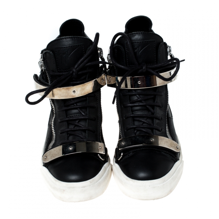 Pre Owned Giuseppe Zanotti Black Leather Double Chain High Top Sneakers Size 38