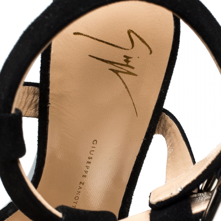 Pre Owned Giuseppe Zanotti Black Suede T Strap Platform Heel Less Wedge Sandals Size 37