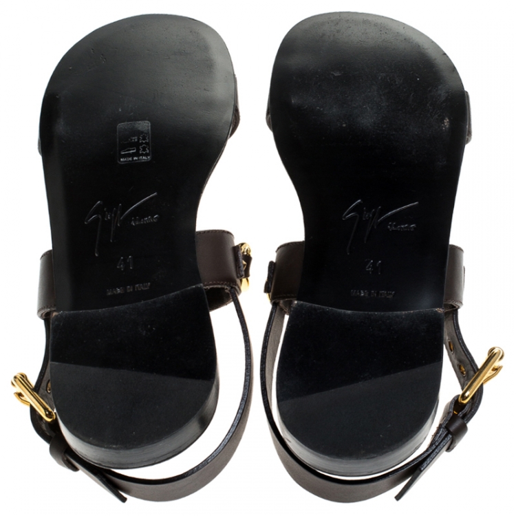 Pre Owned Giuseppe Zanotti Dark Brown Leather Jason Sling Buckle Flat Sandals Size 41