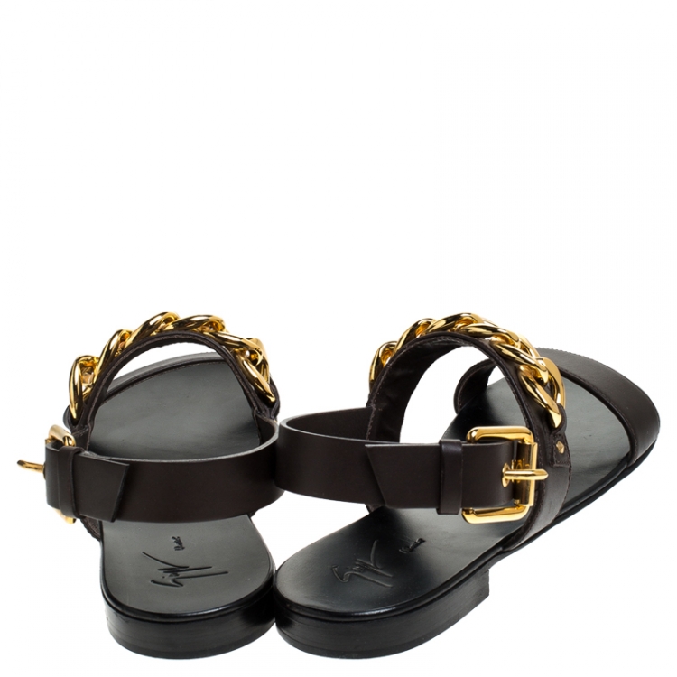 Pre Owned Giuseppe Zanotti Dark Brown Leather Jason Sling Buckle Flat Sandals Size 41