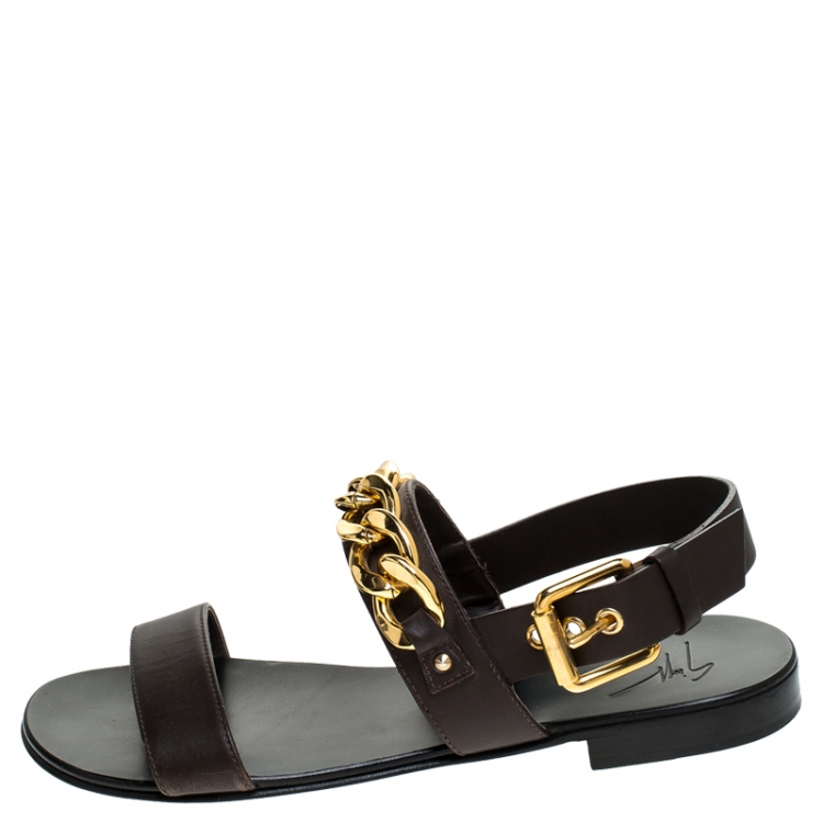 Pre Owned Giuseppe Zanotti Dark Brown Leather Jason Sling Buckle Flat Sandals Size 41