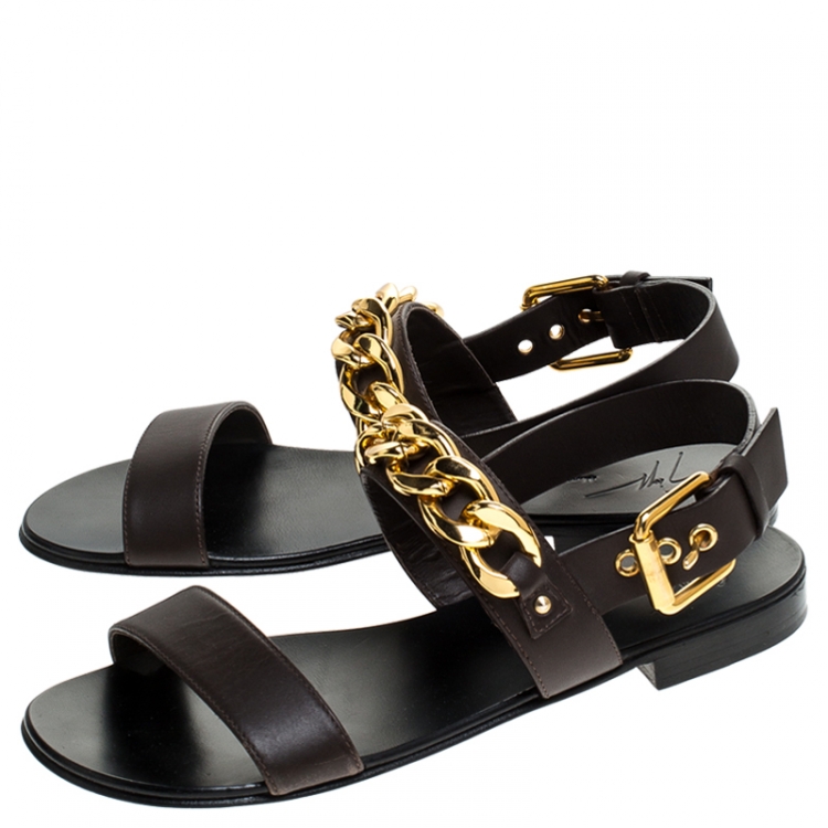 Pre Owned Giuseppe Zanotti Dark Brown Leather Jason Sling Buckle Flat Sandals Size 41