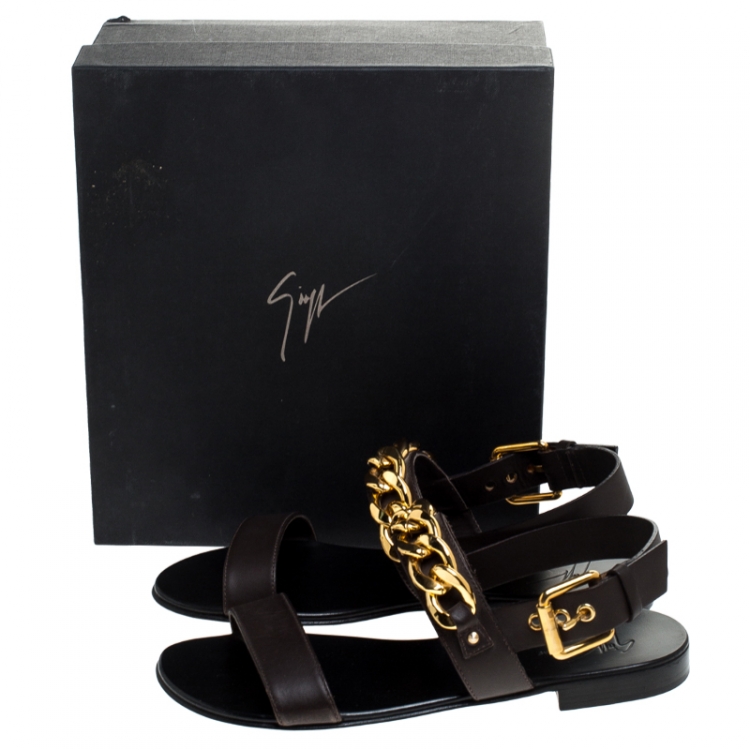 Pre Owned Giuseppe Zanotti Dark Brown Leather Jason Sling Buckle Flat Sandals Size 41