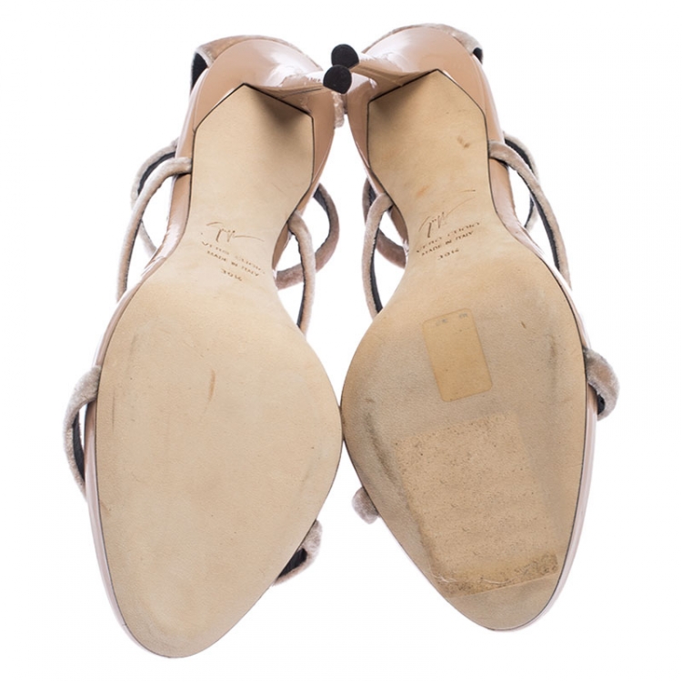 Pre Owned Giuseppe Zanotti Beige Velvet Harmony 3 Strap Open Toe Sandals Size 39.5