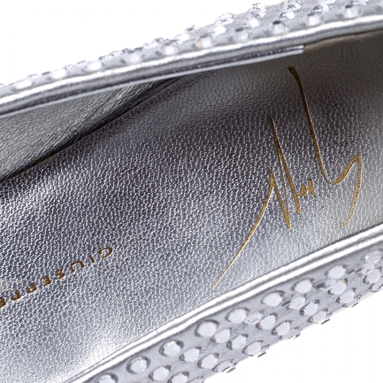 Pre Owned Giuseppe Zanotti Silver Crystal Embellished Leather Ballet Flats Size 36