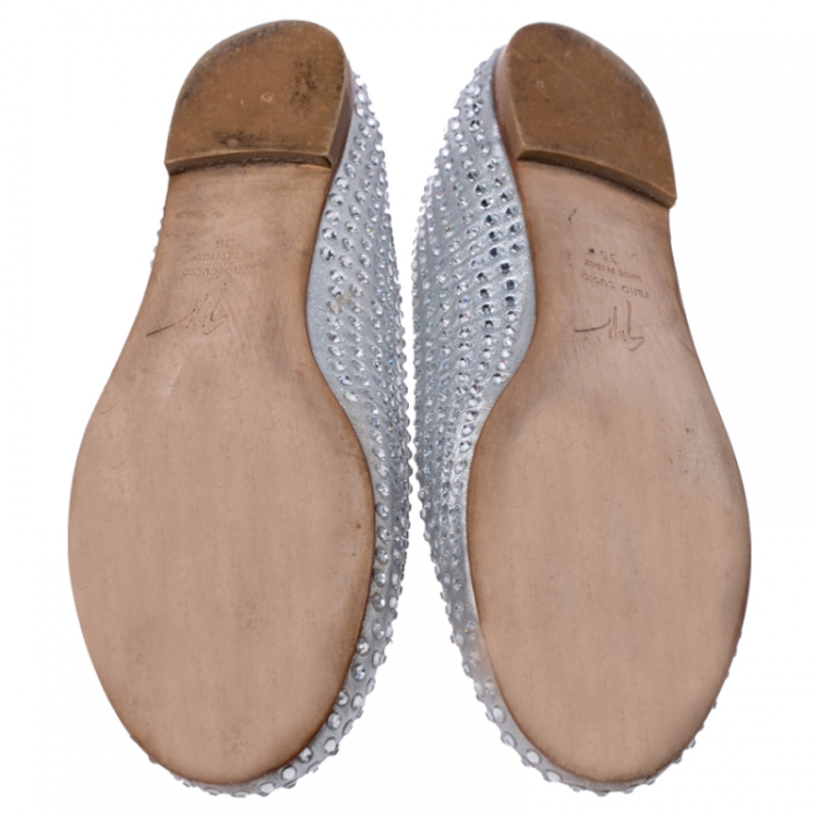 Pre Owned Giuseppe Zanotti Silver Crystal Embellished Leather Ballet Flats Size 36