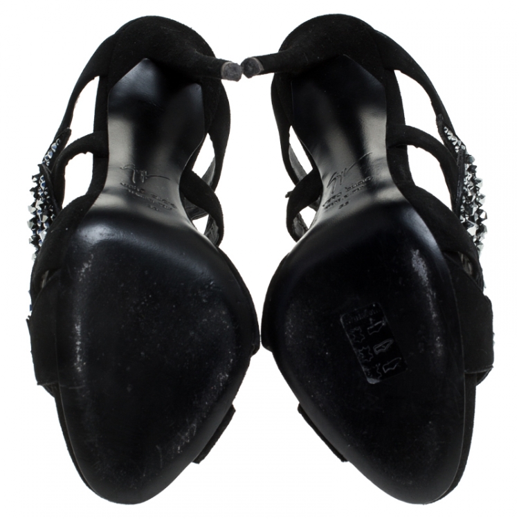 Pre Owned Giuseppe Zanotti Black Suede Crystal Embellished Open Toe Slides Size 36