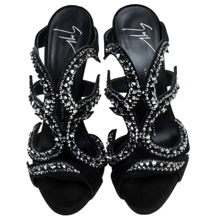 Pre Owned Giuseppe Zanotti Black Suede Crystal Embellished Open Toe Slides Size 36