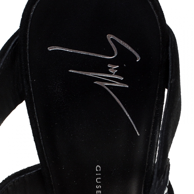Pre Owned Giuseppe Zanotti Black Suede Crystal Embellished Open Toe Slides Size 36