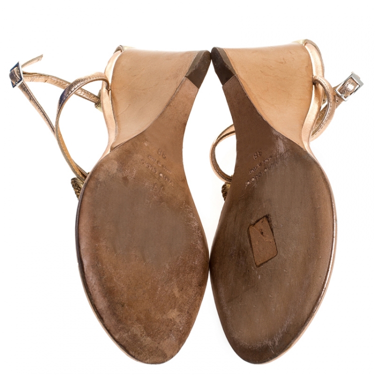 Pre Owned Giuseppe Zanotti Metallic Bronze Leather Embellished Thong Wedges Ankle Strap Sandals Size 38