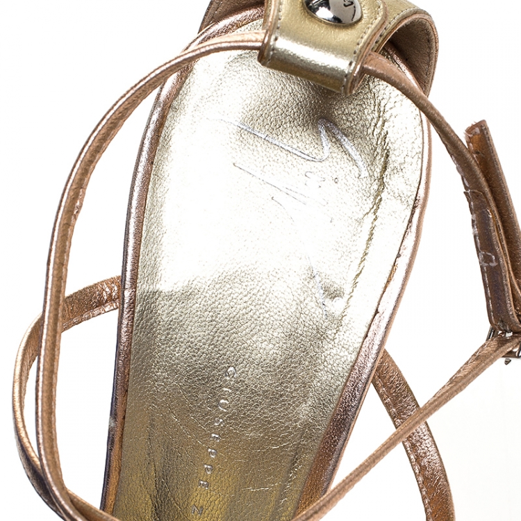 Pre Owned Giuseppe Zanotti Metallic Bronze Leather Embellished Thong Wedges Ankle Strap Sandals Size 38