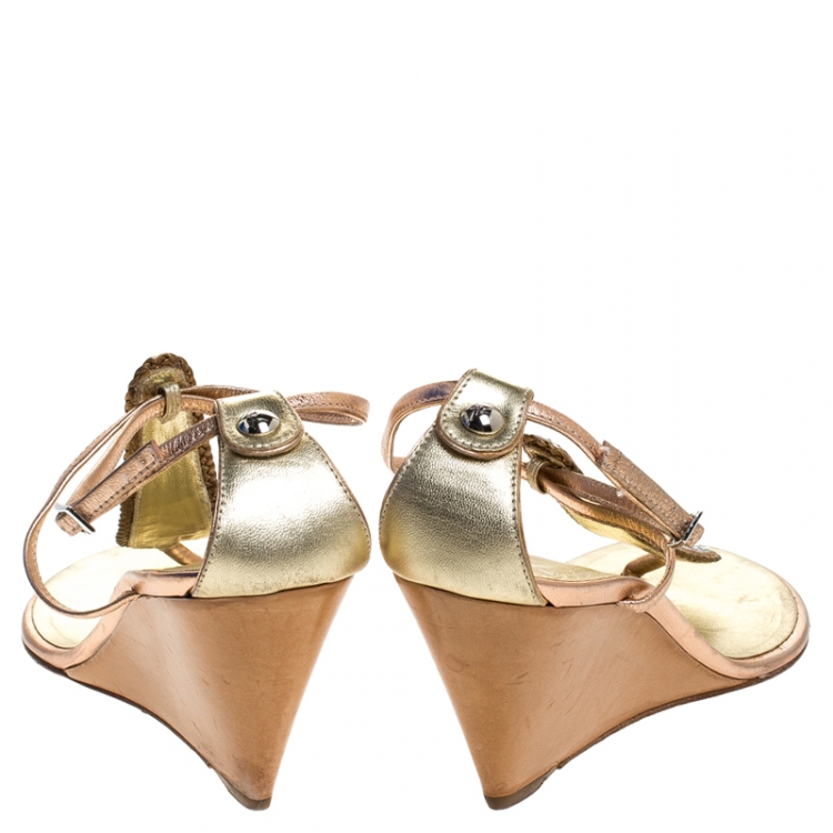 Pre Owned Giuseppe Zanotti Metallic Bronze Leather Embellished Thong Wedges Ankle Strap Sandals Size 38