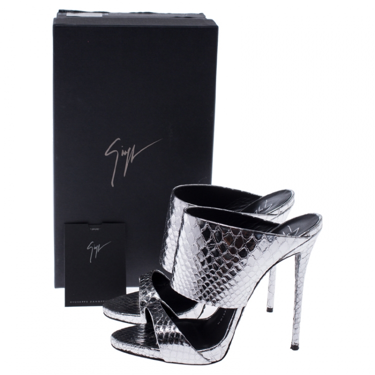 Pre Owned Giuseppe Zanotti Metallic Silver Snake Embossed Leather Andrea Mules Size 37.5