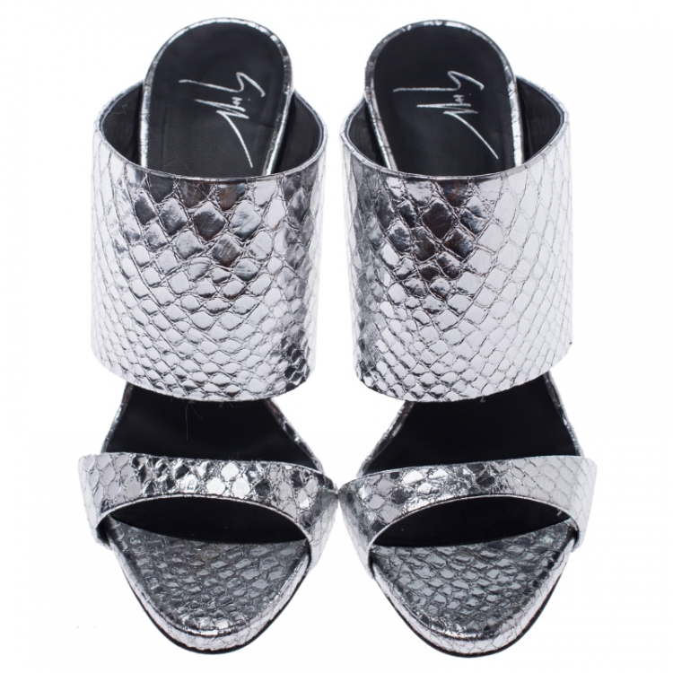 Pre Owned Giuseppe Zanotti Metallic Silver Snake Embossed Leather Andrea Mules Size 37.5