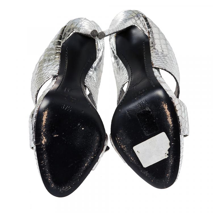 Pre Owned Giuseppe Zanotti Metallic Silver Snake Embossed Leather Andrea Mules Size 37.5