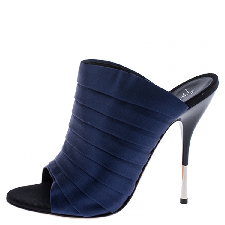 Pre Owned Giuseppe Zanotti Blue Satin Open Toe Mule Sandals Size 36.5