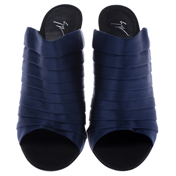 Pre Owned Giuseppe Zanotti Blue Satin Open Toe Mule Sandals Size 36.5