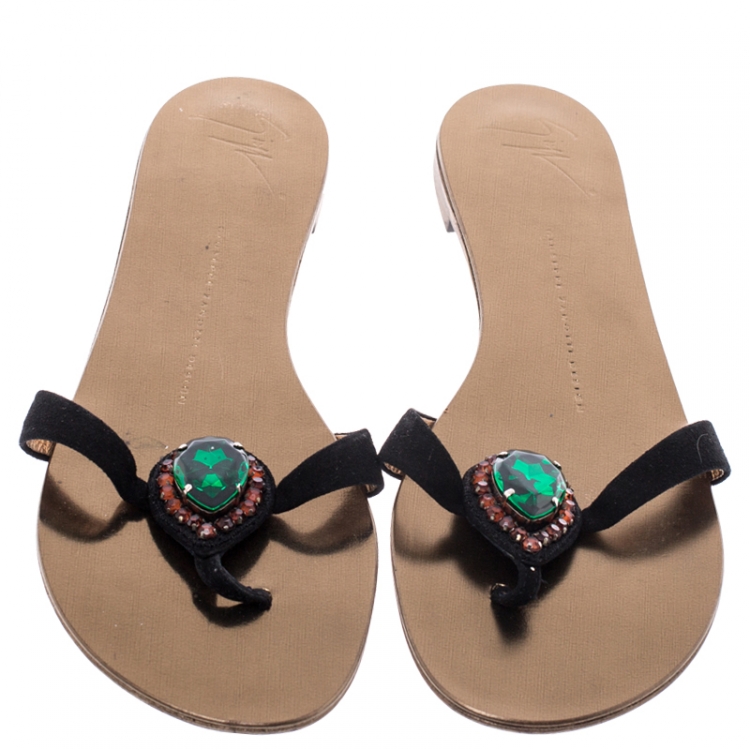 Pre Owned Giuseppe Zanotti Black Suede Crystal Embellished Thong Sandals Size 38