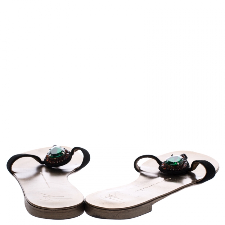 Pre Owned Giuseppe Zanotti Black Suede Crystal Embellished Thong Sandals Size 38