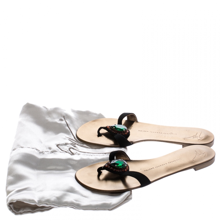 Pre Owned Giuseppe Zanotti Black Suede Crystal Embellished Thong Sandals Size 38