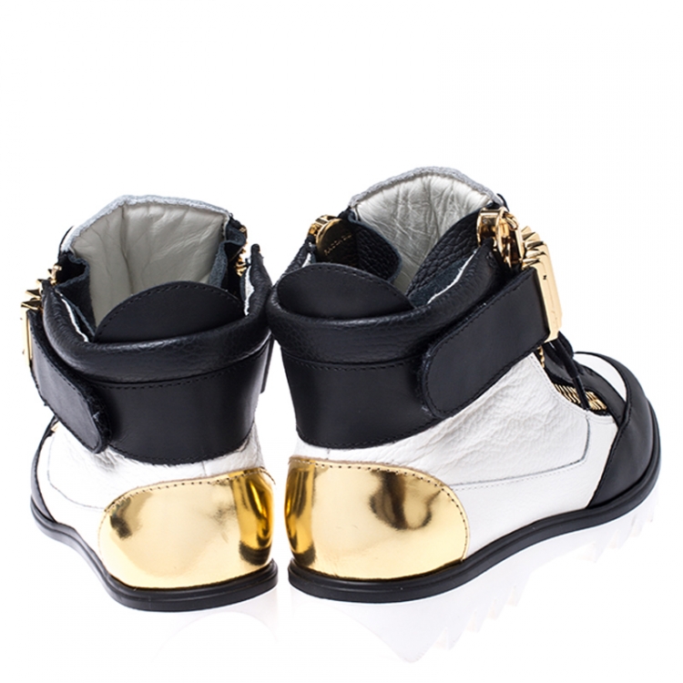 Pre Owned Giuseppe Zanotti White/Black Leather Metal Embellished Strap High Top Sneakers Size 37.5