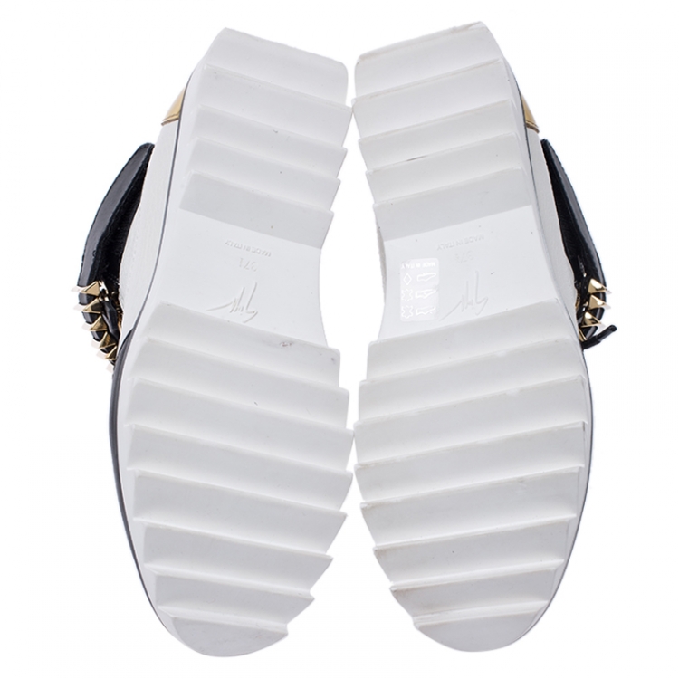 Pre Owned Giuseppe Zanotti White/Black Leather Metal Embellished Strap High Top Sneakers Size 37.5