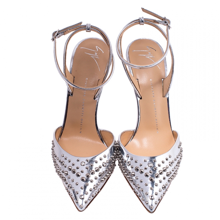 Pre Owned Giuseppe Zanotti Silver Foil Leather Studded Ankle Strap Sandals Size 37