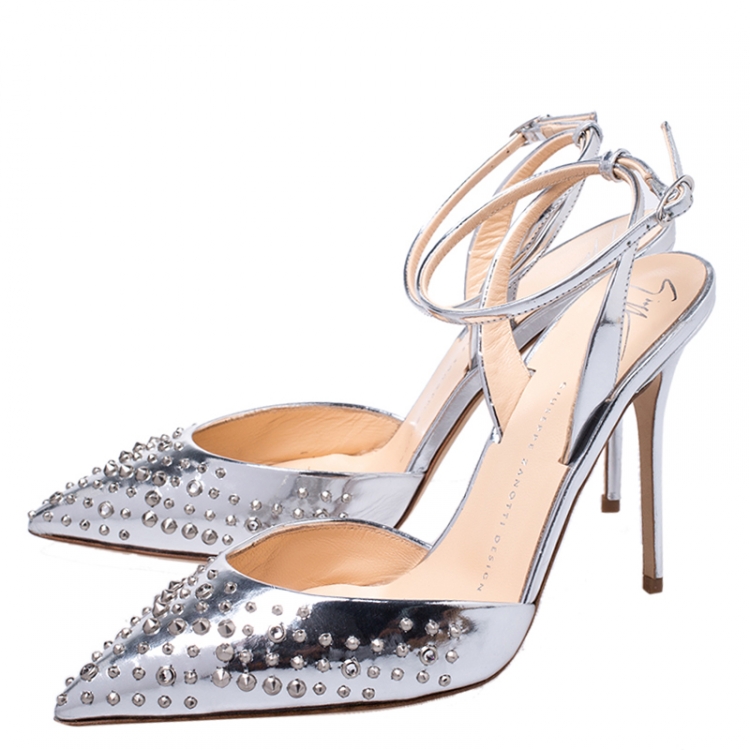 Pre Owned Giuseppe Zanotti Silver Foil Leather Studded Ankle Strap Sandals Size 37
