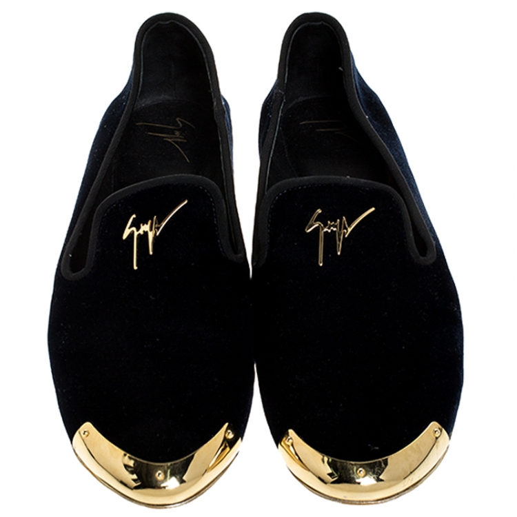Pre Owned  Giuseppe Zanotti Blue Velvet Gold-Tone Cap Toe Logo Embellished Smoking Slippers Size 40