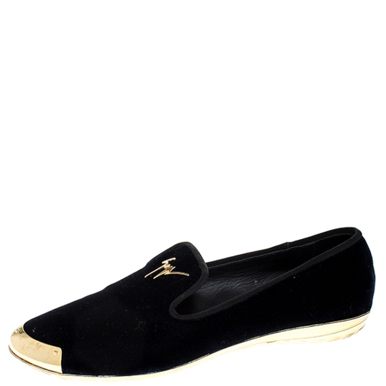 Pre Owned  Giuseppe Zanotti Blue Velvet Gold-Tone Cap Toe Logo Embellished Smoking Slippers Size 40