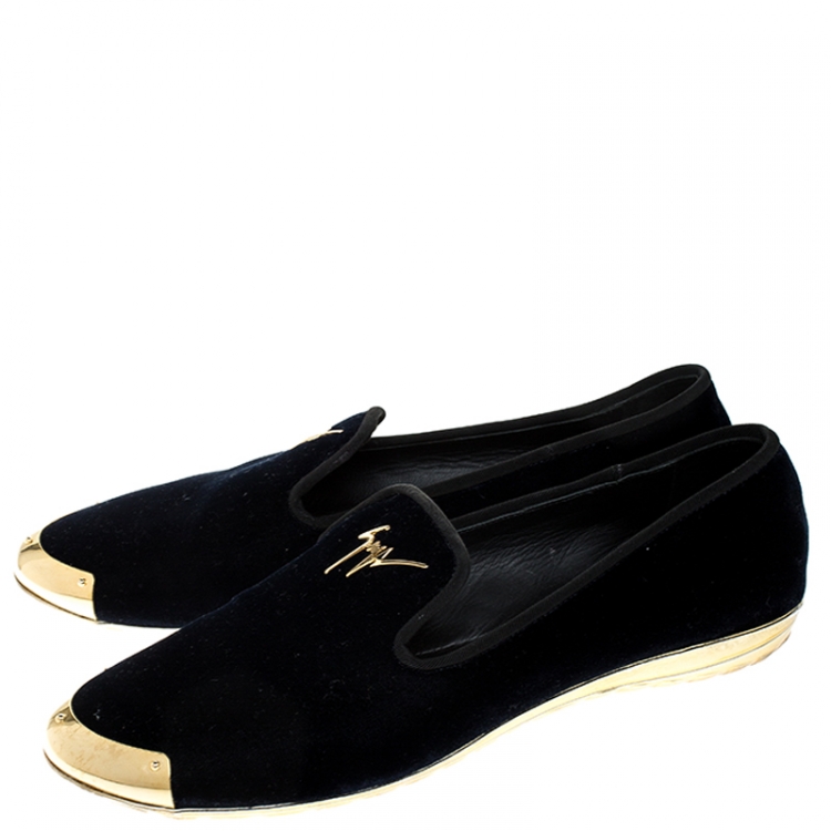 Pre Owned  Giuseppe Zanotti Blue Velvet Gold-Tone Cap Toe Logo Embellished Smoking Slippers Size 40