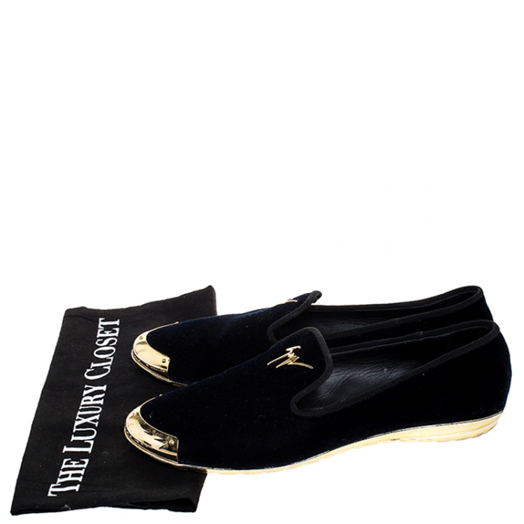 Pre Owned  Giuseppe Zanotti Blue Velvet Gold-Tone Cap Toe Logo Embellished Smoking Slippers Size 40