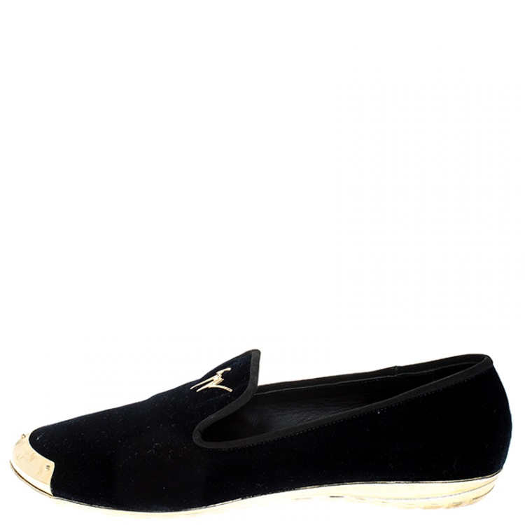 Pre Owned  Giuseppe Zanotti Blue Velvet Gold-Tone Cap Toe Logo Embellished Smoking Slippers Size 40