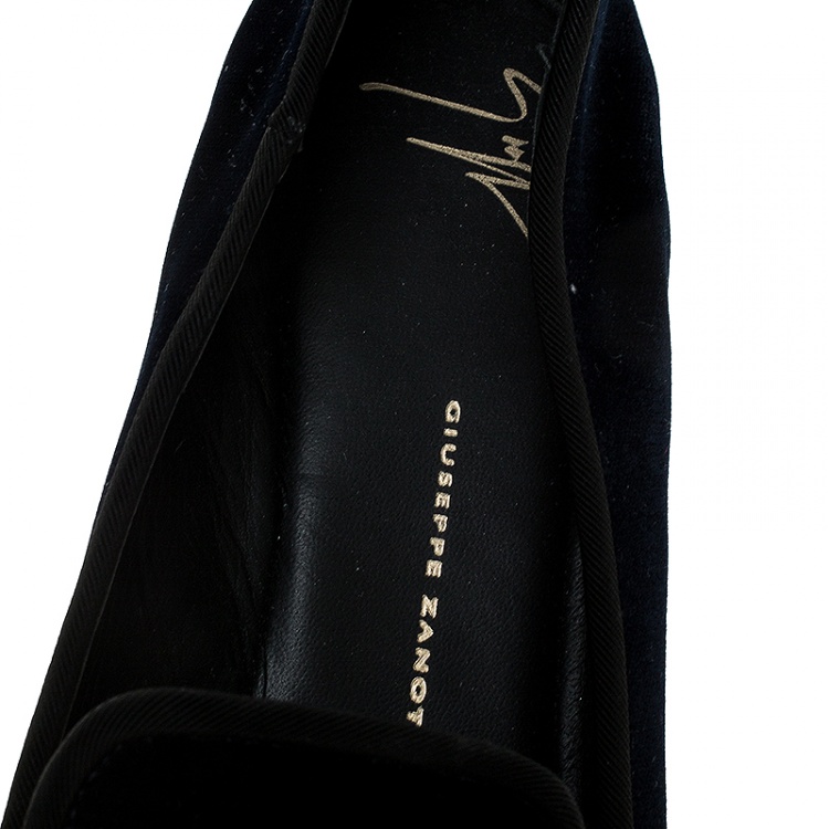 Pre Owned  Giuseppe Zanotti Blue Velvet Gold-Tone Cap Toe Logo Embellished Smoking Slippers Size 40