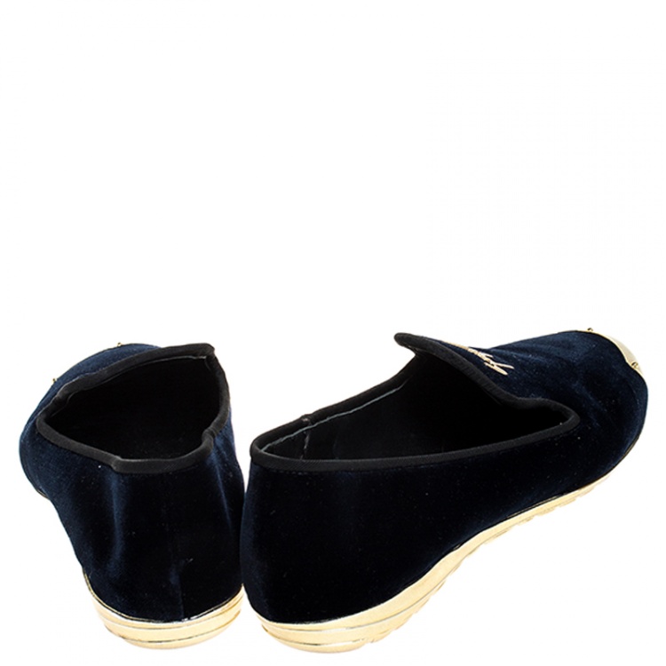 Pre Owned  Giuseppe Zanotti Blue Velvet Gold-Tone Cap Toe Logo Embellished Smoking Slippers Size 40