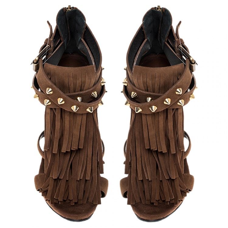 Pre Owned Giuseppe Zanotti Brown Studded Fringe Suede Sandals Size 38