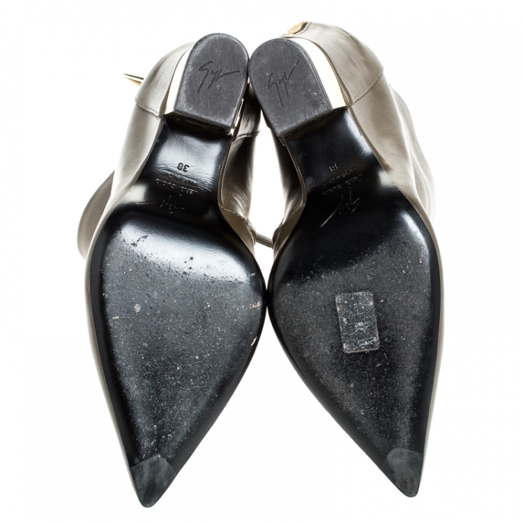 Pre Owned Giuseppe Zanotti Grey Leather Pointed Toe Wedge And Block Heel Ankle Boots Size 38
