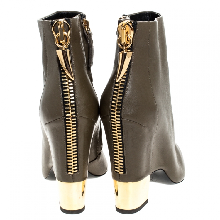 Pre Owned Giuseppe Zanotti Grey Leather Pointed Toe Wedge And Block Heel Ankle Boots Size 38