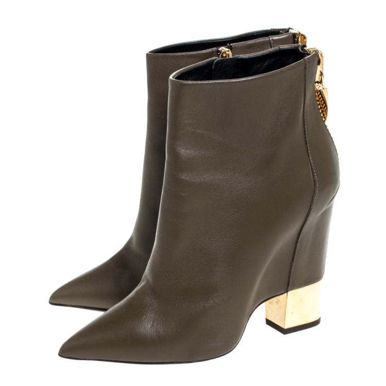 Pre Owned Giuseppe Zanotti Grey Leather Pointed Toe Wedge And Block Heel Ankle Boots Size 38
