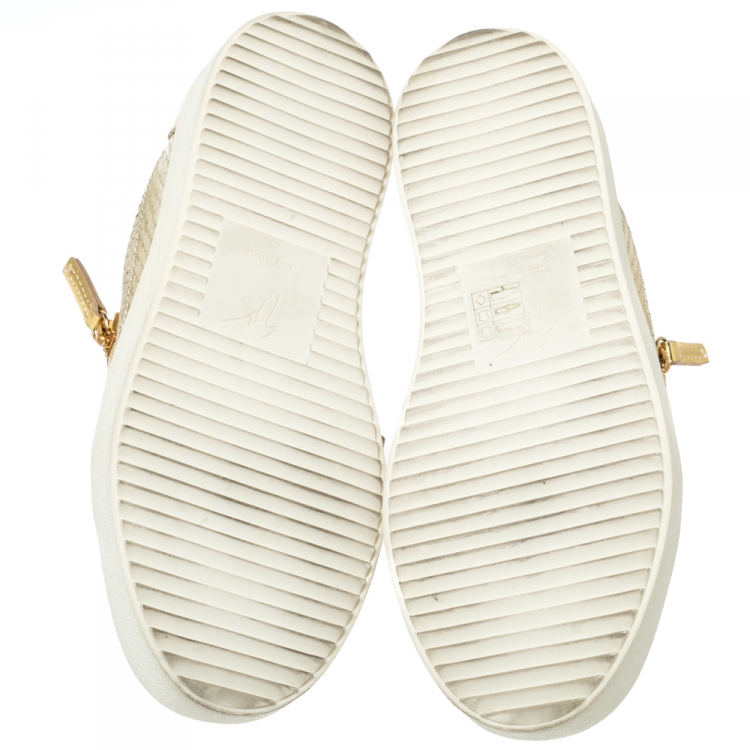 Pre Owned Giuseppe Zanotti Metallic Gold Leather Double Zip Lace Up Sneakers Size 38