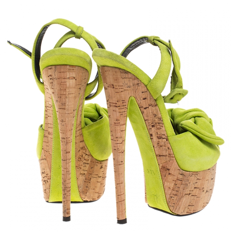 Pre Owned Giuseppe Zanotti Neon Green Suede Bow Ankle Strap Platform Sandals Size 37.5