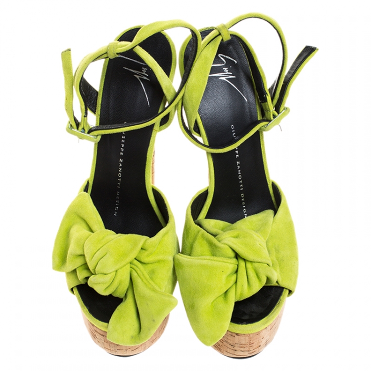 Pre Owned Giuseppe Zanotti Neon Green Suede Bow Ankle Strap Platform Sandals Size 37.5
