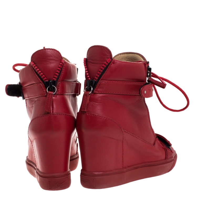 Pre Owned Giuseppe Zanotti Red Leather Jennifer Wedge Sneakers Size 37.5