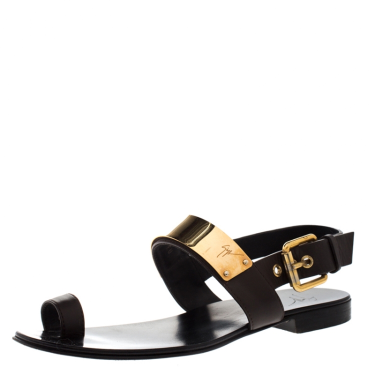 Pre Owned Giuseppe Zanotti Brown/Black Leather Toe Ring Buckle Slingback Flats Size 41