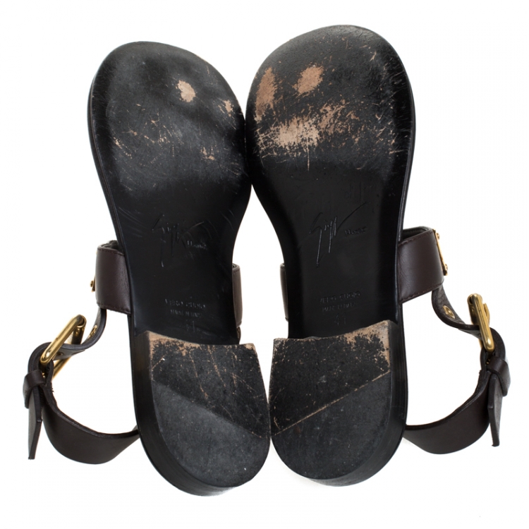 Pre Owned Giuseppe Zanotti Brown/Black Leather Toe Ring Buckle Slingback Flats Size 41