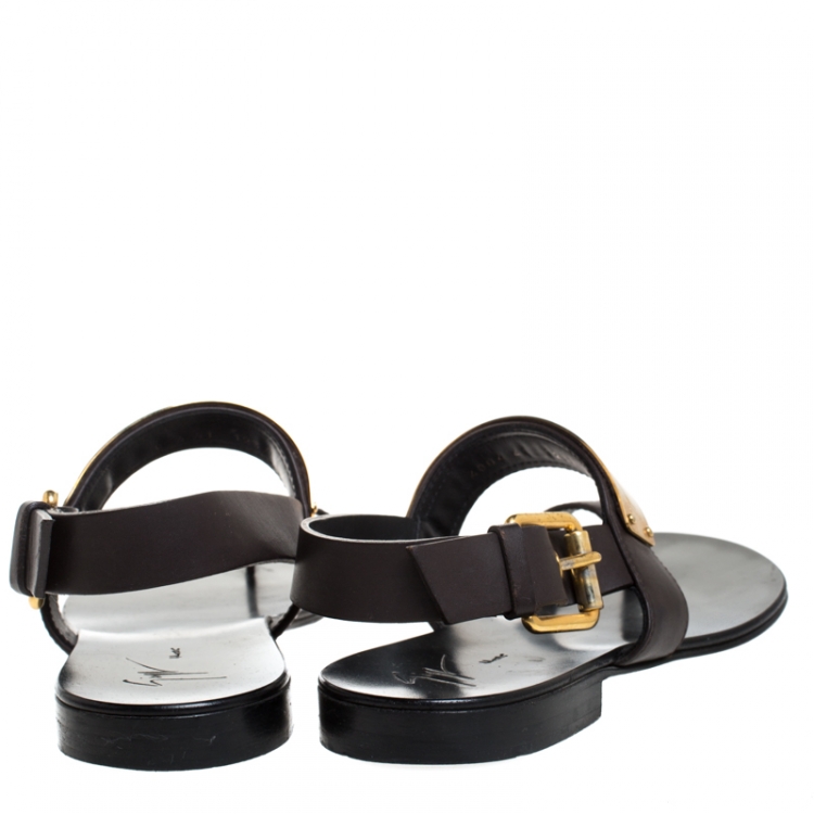 Pre Owned Giuseppe Zanotti Brown/Black Leather Toe Ring Buckle Slingback Flats Size 41