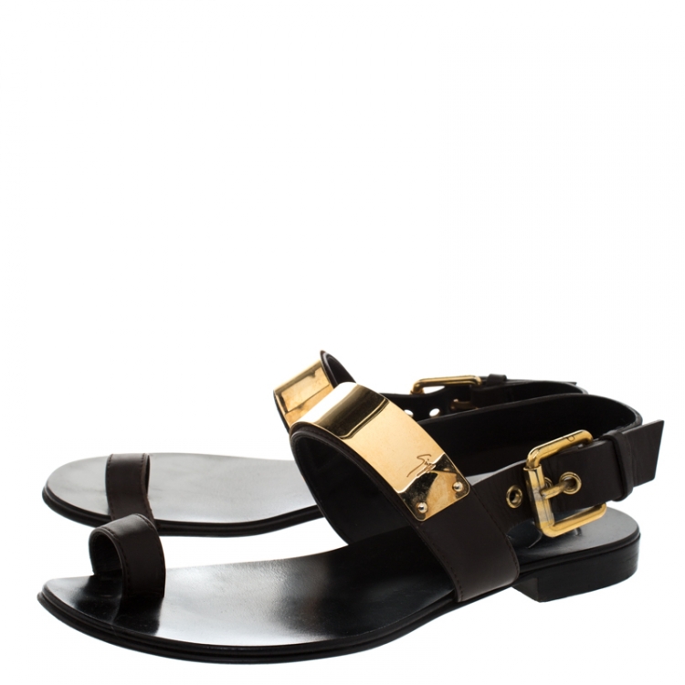Pre Owned Giuseppe Zanotti Brown/Black Leather Toe Ring Buckle Slingback Flats Size 41